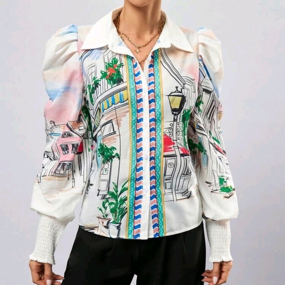 Painting Print Button Down Long Sleeve Shirt Button Up Shirt Women Long Sleeve - Picture 3 of 5